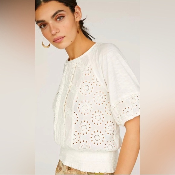 Porridge White Eyelet Embroidery Anglaise Smocked Boho Coastal Back-Tie Top M - Picture 2 of 16